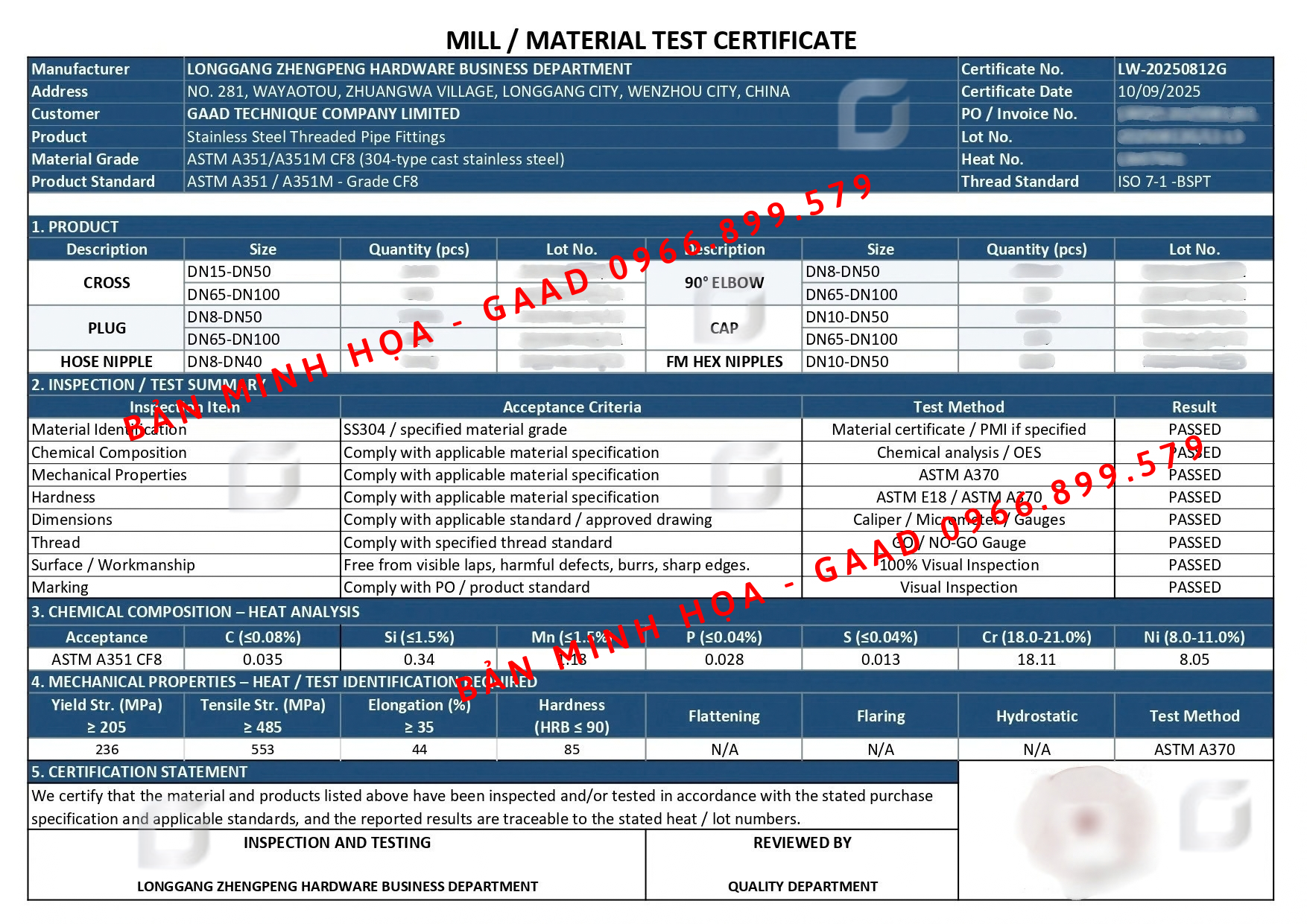Mill test certificate phụ kiện ren CF8 GAAD